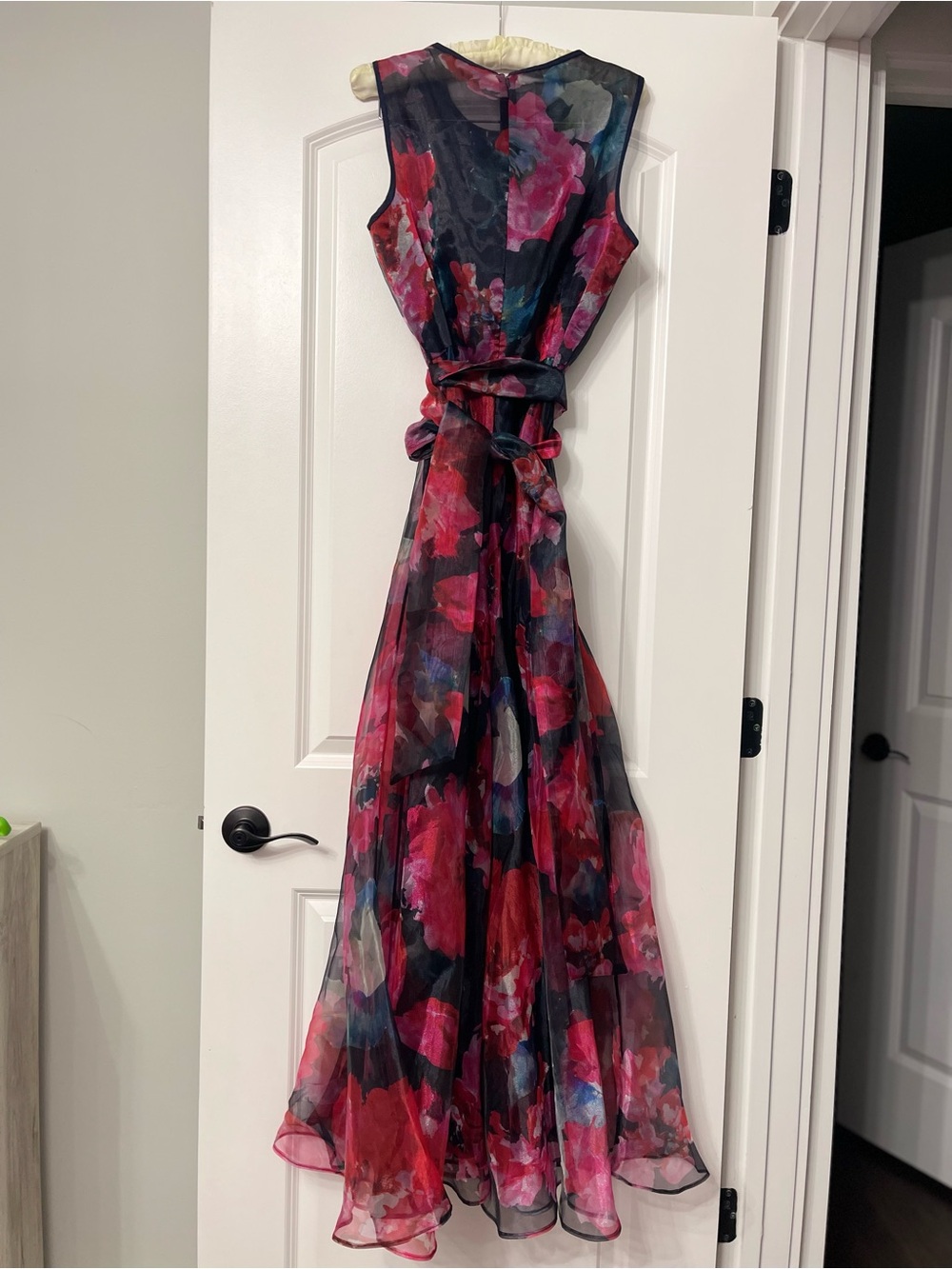 Eliza J. Floral Blue and Red Organza Wide Leg Jumpsuit Size 14 Quiet Luxury Y2k - Picture 6 of 15